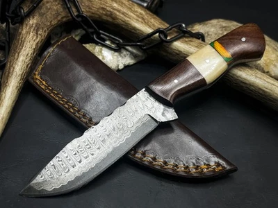 Cuchillo táctico de caza 10073 hecho a mano de acero Damasco para acampar con funda de cuero Foto 1 de 4