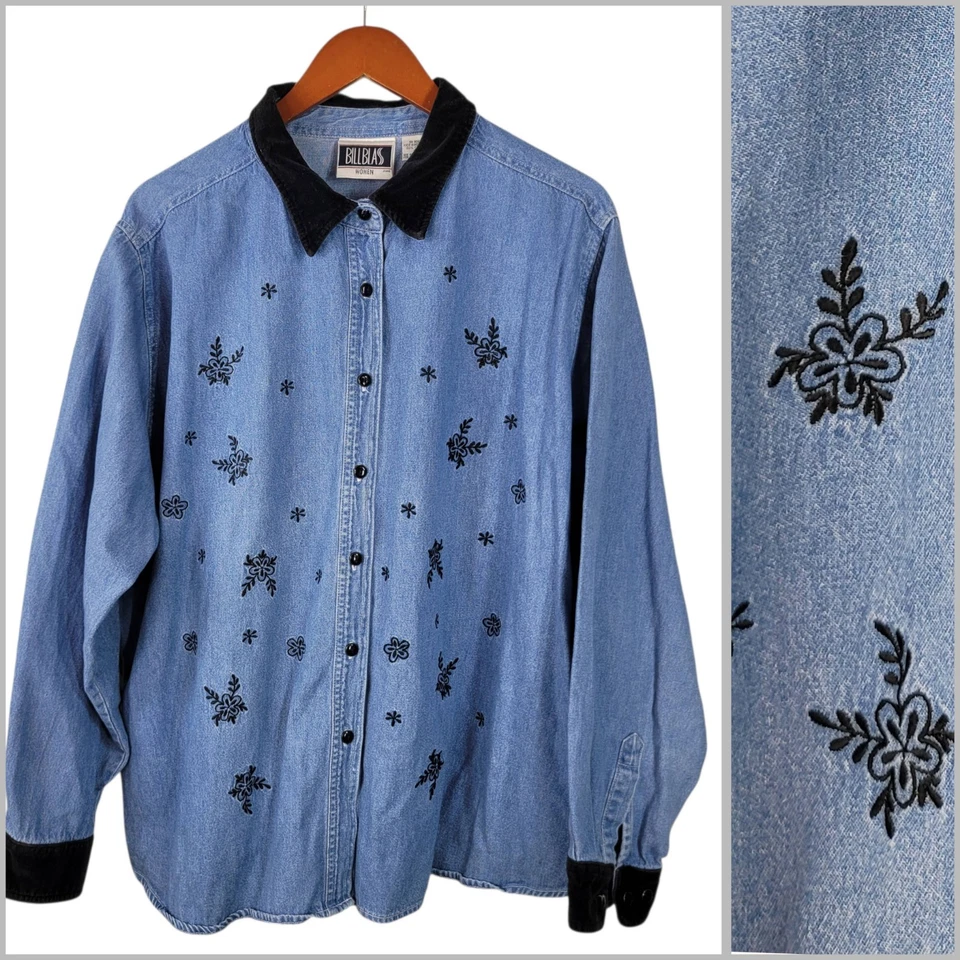 Vintage Denim Top Jacket Plus Size 3X Embroidered Shacket Floral Corduroy Collar - Image 1 of 4