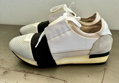 BALENCIAGA Race Runner  White Black Leather Fiber Suede Sneakers Size 43 US 10 - Image 1 of 4