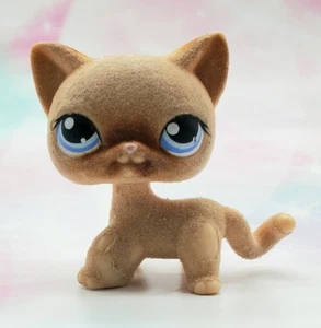 Littlest Pet Shop Authentic # 318 Tan Flocked Short Hair Cat Blue Eyes - Picture 1 of 4