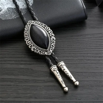 Натуральный черный агат Bolo галстук мужской свадебное ожерелье Western ковбой винтажный подарок - Изображение 1 из 4