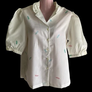 Vtg 70s Ship n Shore Blouse Womens Sz 14 White Leaves Button Cuffs Summer Cool - Picture 1 of 8