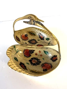 Vintage Messing Schwan Doppelschale mit handbemaltem Blumenmuster A - Bild 1 von 7