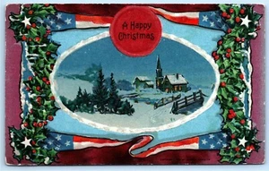 Postcard~ A Happy Christmas~ American Flag~ Snowy Village~ Holly - Picture 1 of 2