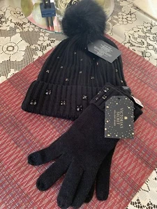New Victoria Secret Pom-Pom Hat & Glove Set Black Luxe Gem Pom Pom VS - Picture 1 of 3