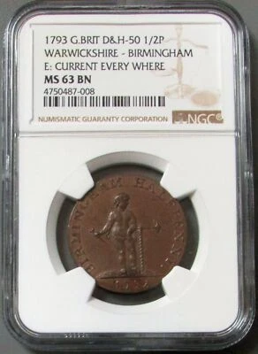 1793 GREAT BRITAIN 1/2 P WARWICKSHIRE BIRMINGHAM CONDER TOKEN NGC MS 63 D&H 50 - Image 1 of 3