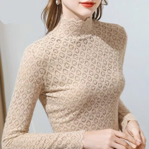 Damen Beflockung Spitze Shirt Netz Hohl Transparent Tops Hochgeschlossen Bluse Slim Retro - Bild 1 von 14