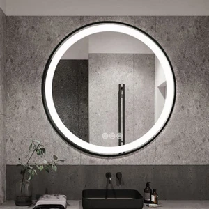 Black Aluminum Frame Round LED Lighted Bathroom Vanity Mirror Anti-Fog Dimmable - Picture 1 of 11