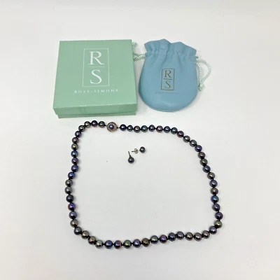 Ross Simons Cultured Black Pearl Necklace Sterling 925 CZ Clasp and Earrings - Image 1 of 4