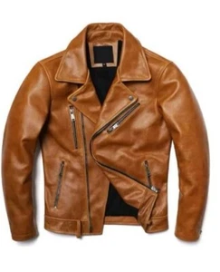Men's Cowhide Biker Vintage Lapel Zipper Coat Fashion Motorcycle Leather Jacket - Picture 1 of 6