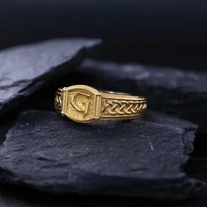 Norse Style Initial, 14k Solid Yellow Gold Signet Ring - Picture 1 of 11