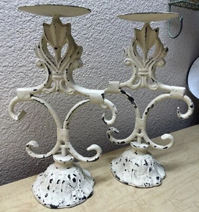 Pair Of Vintage Old World Cream On Iron Candle Pillar Holders 10.5” - Picture 1 of 20