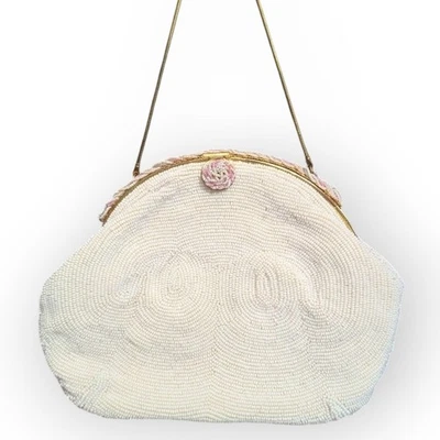 Vintage Beaded Evening Bag Formal Bridal White Pink Gold - Image 1 of 4