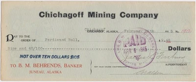 CHICHAGOF Alaska 1915 CHECK 💲 Chichagoff MINING Co. con cupón Foto 1 de 2