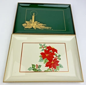 Vintage Otagiri Lacquerware Red Christmas Tray 2 Japan EUC Poinsettia Holly 8x6 - Picture 1 of 10