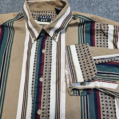 Vintage 90s Trader Bay Mens African Stripe Button Down Shirt Long Sleeve Cotton - Image 1 of 4