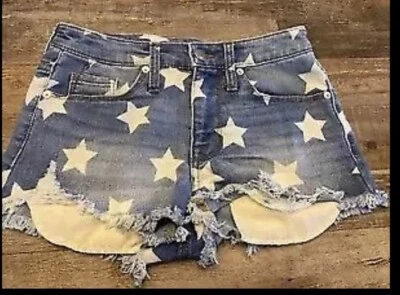 Pantalones cortos de jean de tiro alto Mossimo Supply Co para mujer 0/25 estrellas azules a rayas deshilachadas Foto 1 de 4