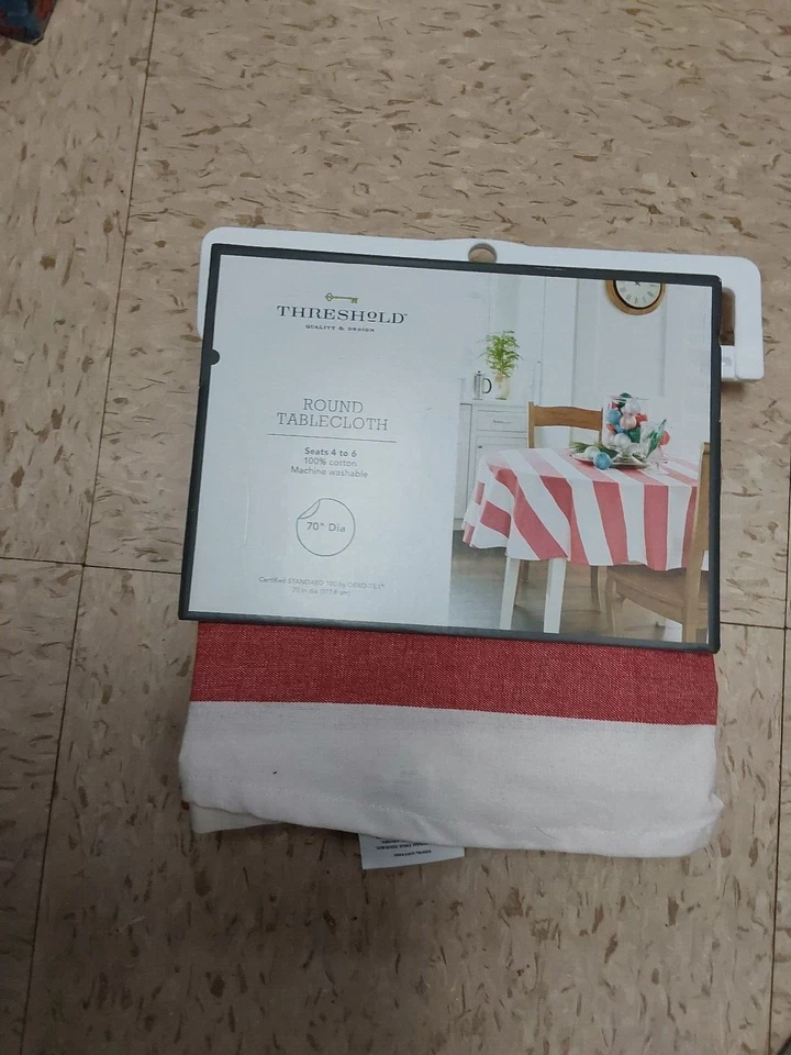 Nwt Threshold Round Tablecloth 70" Ivory Red Stripe 100% Cotton - Image 1 of 1