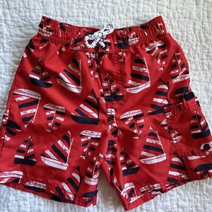 OSHKOSH B’gosh 4T Boys' Swim Trunks Red White Blue Sailboats EUC - Picture 1 of 4