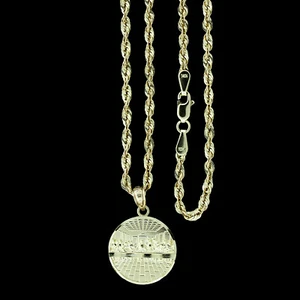 10K Yellow Gold Last Supper Jesus Charm Pendant With 2mm Rope Chain Necklace - Picture 1 of 16