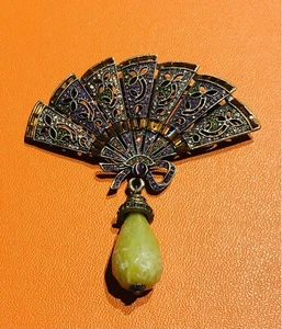 Heidi Daus Brosche grüner Achat lila orange Kristall Fächer Schleife - Bild 1 von 3