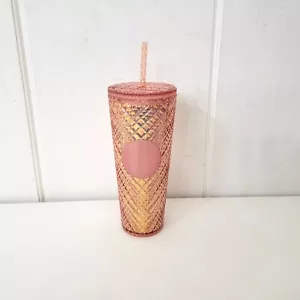 Bicchiere Starbucks 24 oz oro rosa motivo diamante con cannuccia - Foto 1 di 5