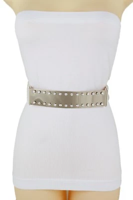 Donna Dressy Festa Moda Elasticizzato Cintura Bianca Oro Metallo Piastra Fibbia - Immagine 1 di 4