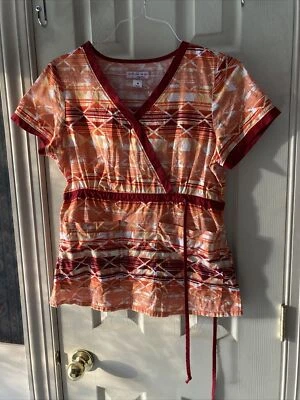 KOI WOMENS COTTON SCRUBS TOP RED ORANGE WHITE 115PR SZ MEDIUM - Image 1 of 4