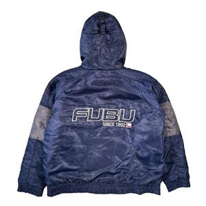 VTG FUBU Parka Jacket Men's Large Navy Full Zip Faux Fur Hooded 90s Y2K Hip Hop - Picture 1 of 11