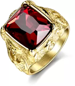 Rings with Red Ruby Garnet Color Stone Luxury Gold Tone Engraved Cubic Zirconia - Picture 1 of 5