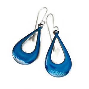 Blue Open Hoop Enamel Earrings Artisan Handmade Copper Enamel Jewelry USA - Picture 1 of 8