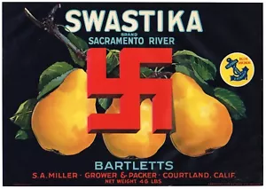 ORIGINAL BIRNENKISTE ETIKETT VINTAGE 1927 COURTLAND SACRAMENTO SWASTIKA HINDU L28 - Bild 1 von 1