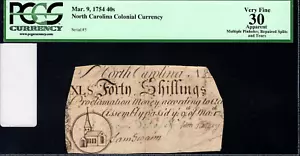 North Carolina Colonial Note Fr#NC-82 March 9, 1754 40s PCGS 30 - Picture 1 of 4