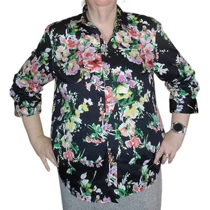 Chaps Size XL/2X (fitted) Dark Floral Button Up Shirt 3/4 Sleeve Silver Buttons - Bild 1 von 11