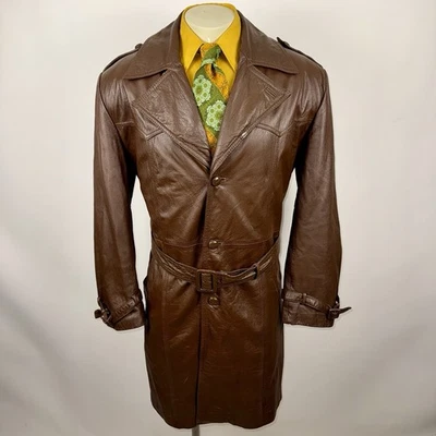 Chaqueta de Cuero Sears De Colección Para Hombres 46 Gabardina Cinturón Disco Mod Marrón Años 60 70 Foto 1 de 4