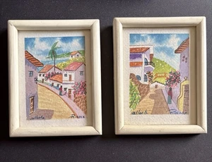 2 handbemalte Mex Dorf Aquarell signiert 4,5 x 5,5" Holz gerahmt Gemälde - Bild 1 von 6