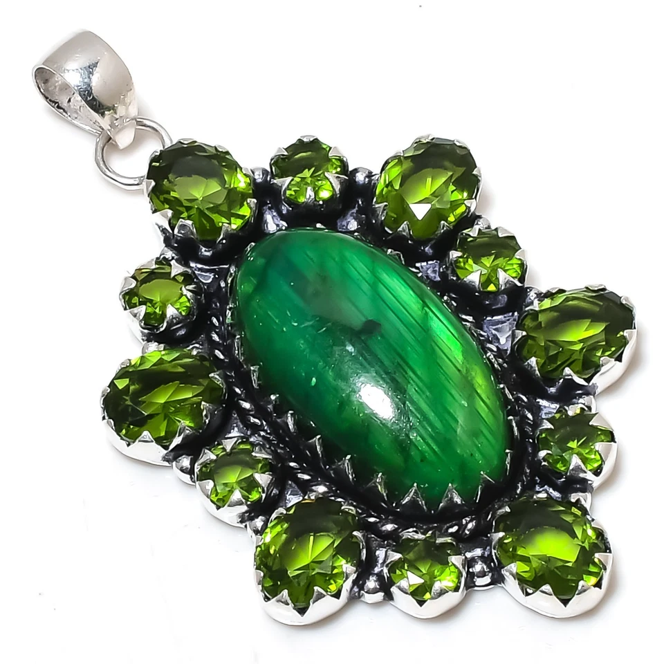 Green Flash Labradorite & Peridot Gemstones Handmade 925 Sterling Silver Pendant - Image 1 of 4