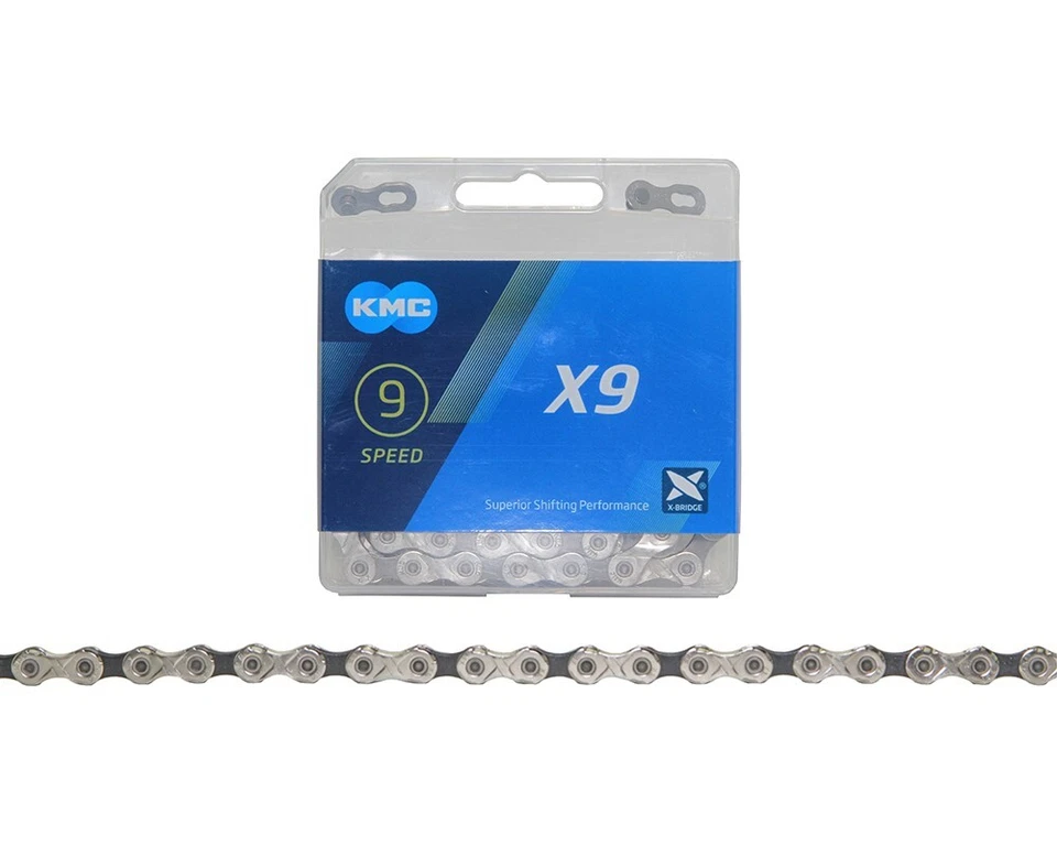Corrente KMC BRANDED 9 velocidades compatível com corrente preta Campy SRAM Shimano 116 elos bicicleta. - Imagem 1 de 1