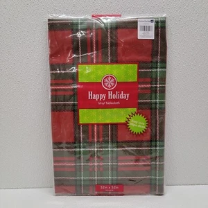 Elrene Christmas Holiday Vinyl Tablecloth Square 52" x 52" Red & Green Plaid - Picture 1 of 8