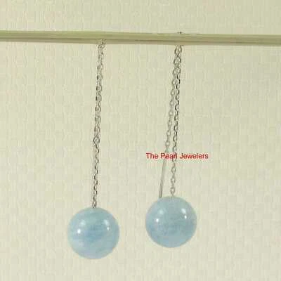 14k White Gold Threader Chain Gemstone Aquamarine Bead Dangle Earrings - Image 1 of 3