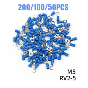 200-50pcs M5 Ring Terminals Wire Crimp Connectors Blue 16-14 GA AWG Gauge - Picture 1 of 7