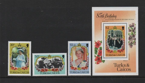 TURKS & CAICOS 1985 LIFE & TIMES OF QUEEN MOTHER SET & M/SHEET *MNH* Cover