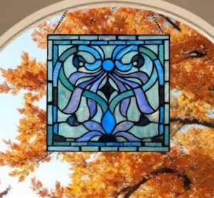 Tiffany Style Stained Glass Panel Suncatcher Blue Geometric Floral Design 12x12 - Picture 1 of 6