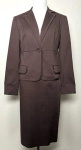 Jones New York 10P Skirt Suit Brown Cotton Stretch Beaded Blazer Career Chic - Picture 1 of 12