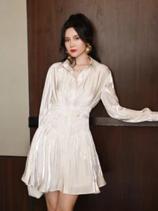 Womens A-line Lapel Collar Luxury Temperament Dress Celebrity Shirt Skirt Party - Picture 1 of 15