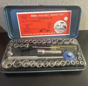 NAPCO 40pc Ratchet Socket Set 1/4” & 3/8” Drive SAE Metric Metal Case OrigPk VTG - Picture 1 of 16