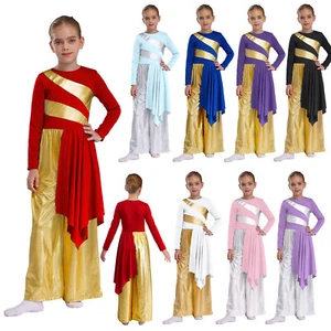 Girls Metallic Lyrical Praise Worship Dance Overlay Dress Wide Leg Pant Costume - Picture 1 of 108