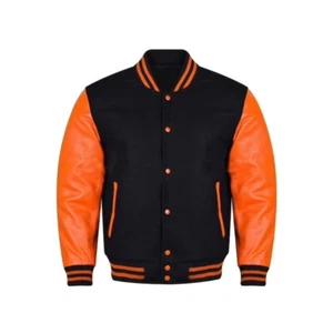 "Chaqueta Universitaria Hombre Letterman Béisbol Bombardero Naranja Mangas Cuero Genuino" - Imagen 1 de 3