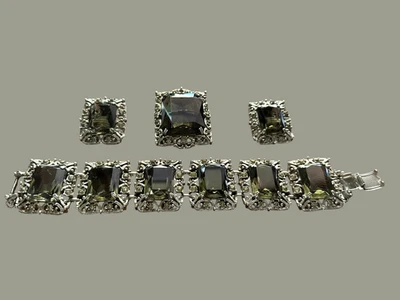 Vintage Sarah Coventry Celebrity Smoky Crystal Panel Jewelry Set 1960s - Image 1 of 4