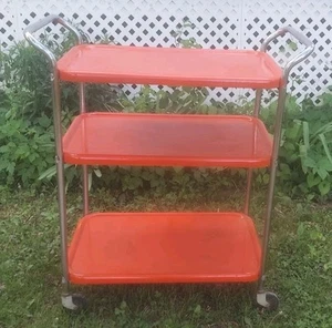 Vintage MCM Metal 3 Tier Metal Rolling Kitchen Bar Cart Orange Tiledo Maid - Picture 1 of 11